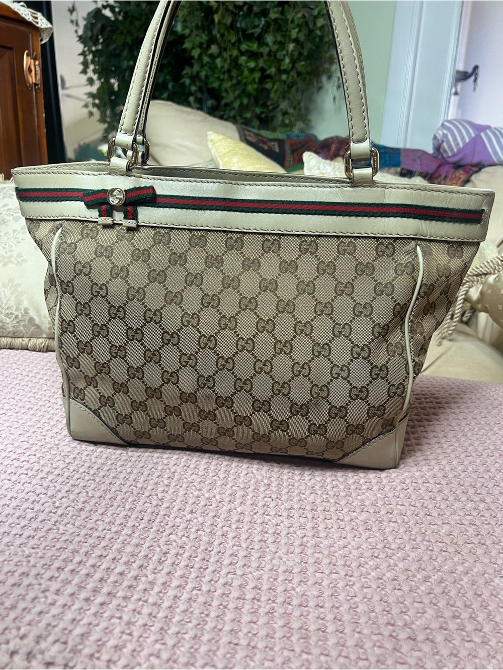 Gucci Mayfair GG Canvas Web Bow Tote – Ivory Leather Trim